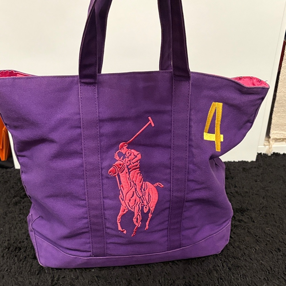 Polo by Ralph Lauren Purple Canvas Tote with Pink Pony and Yellow '4'